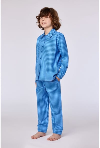 Woody pyjama jongens/heren doorknoop - blauw geruit - 252-10-QWA-W/953 - maat 128