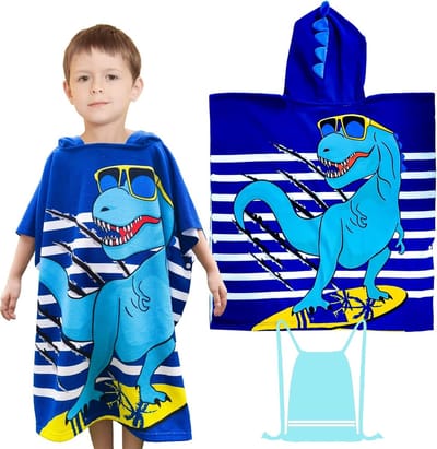 Dino Badponcho voor Jongens - Microvezel Strandhanddoek met Kap, Zacht en Absorberend, Ideaal voor Zwemmen en Surfing, Geschikt voor Kinderen van 6-14 Jaar, 70x150cm