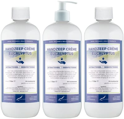 Handzeep Crème Eucalyptus 1 liter - set van 3 stuks - met gratis pomp - Voordeelverpakking