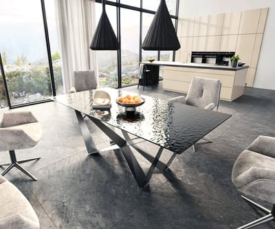 Eetkamertafel Edge Glas smelten rokerig zwart 3D-Relief 200x100 spider vlak staal RVS