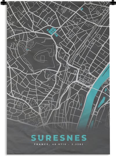 Wandkleed - Wanddoek - Suresnes - Kaart - Plattegrond - Stadskaart - Frankrijk - 120x180 cm - Wandtapijt