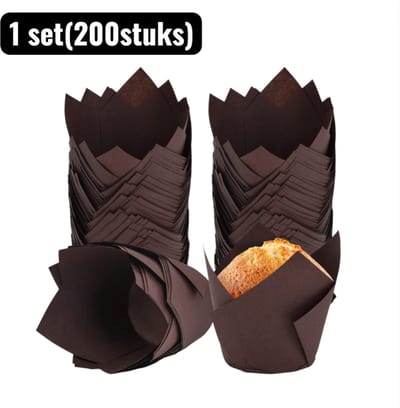 1 set（200stuks） - Bakvormen - Vlammende Tulpen Cakevormpjes - Voedselveilig Bakpapier Muffin Cups， Hittebestendig en Vetwerend voor Cupcakes en Gebak - Koffiebruin
