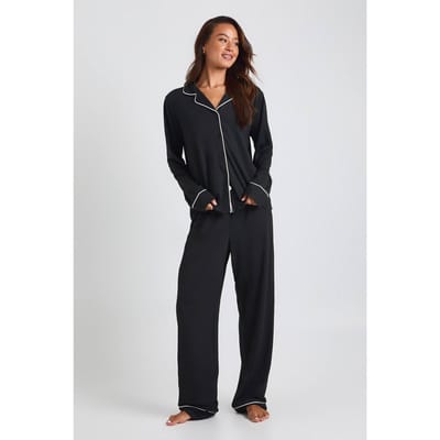 boohoo Dames Lang Jersey met pijpdetail lange mouwen overhemd & broek pyjamaset | Zwart | Maat: 36