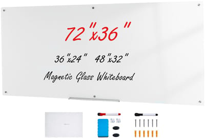 72“X36” Magnetisch Glazen Whiteboard, Droog Uitwisbaar Bord Zonder Frame, Wandmontage, met Pennenhouder, Gum En 2 Pennen, Wit