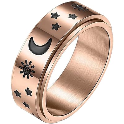 Anxiety Ring - (ster maan) - Stress Ring - Fidget Ring - Draaibare Ring - Angst Ring - Spinner Ring - Koperkleurig RVS - (16.50 mm / maat 52)