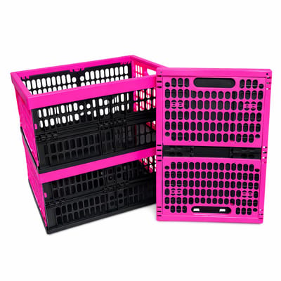 Vouwkrat – Vouwkratten – Boodschappenkrat – Inklapbaar – Stapelbaar – Set van 3 stuks - 32 Liter – Zwart/Roze