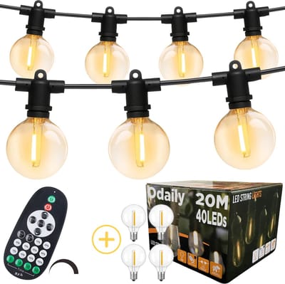 Odaily Lichtsnoer - 20 Meter - 40 LED Lampen G40 - Warm Wit Licht - Dimbaar - IP65 - Horeca Kwaliteit