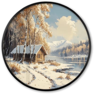 Poster in lijst Rond - Fotolijst 60x60 cm - Posters - Winter - Sneeuw - Huis - Natuur - Ronde posterlijst zwart - Decoratie - Wanddecoratie woonkamer - Muurdecoratie slaapkamer