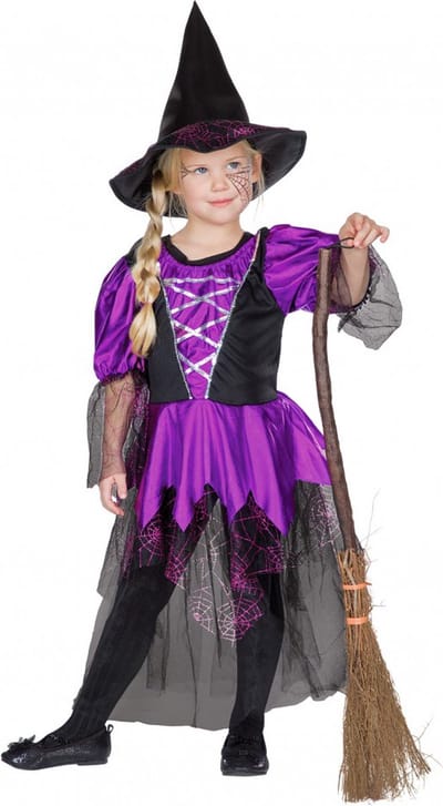 KIMU® Jurkje Heks Paars met Heksenhoed - Maat 104 - Heksenjurkje Zwart Kinder Pakje Jurk Meisje Kind Hoed Halloween Carnaval Tovenares Festival