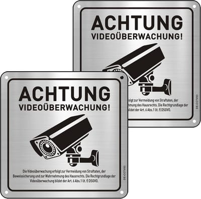 Aluminium Videobewaking Bord 15x15 cm – DSGVO-gecertificeerd, Zelfklevend, UV- en Weerbestendig – 2 stuks