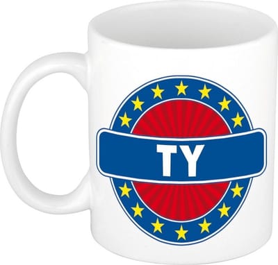 Bellatio Decorations - Ty voornaam - koffiemok - beker - wit/blauw - 300 ml - Cadeau - Heren - Collega - Vaderdag - Verjaardag