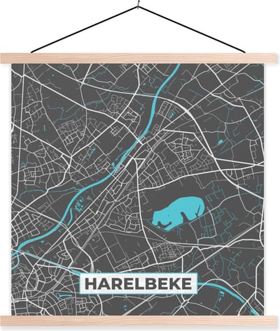 Posterhanger incl. Poster 40x40 cm - Schoolplaat - Plattegrond – Harelbeke – Blauw – Stadskaart - Kaart - Textielposter - Blanke latten - Stadskaart