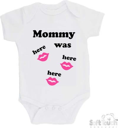 100% katoenen Romper "Mommy was here here here" Unisex Katoen Wit/zwart/roze Maat 56/62