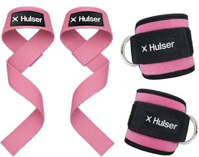 Hulser Sportieve bundel - 2 Ankle strap en 2 Lifting straps - Roze - Enkel straps - Enkelband Cuff - Wrist wraps - Gym Lifting grips - Soft hooks - Krachttraining & Lifting