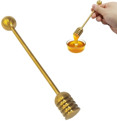 1 stuk - Honing Mixer - Honinglepel - Honing Roerstaaf - Roestvrijstalen honingstok - Met een bolvormig handvat - Honingraat Lepel - Geschikt voor honingpotten en -dispensers (Goud)