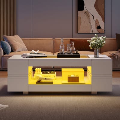 DESMIU Salontafel Met Ledverlichting En App Bediening - Modern Design Voor Woonkamer En Feest - Wit Spaanplaat Glas - 100x50x35 Cm