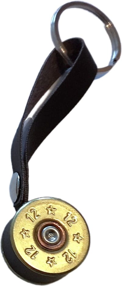 COBRA - Sleutelhanger cal. 12 jachtpatroon - Donker bruine riem - Koper - Hand gemaakt - Van echt afgevuurde munitie - Jacht - Schietsport - Airsoft