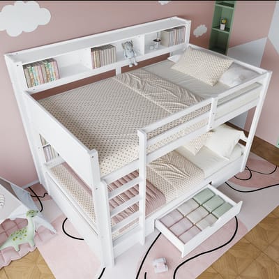HAUSS SPOLE Stapelbed 90x200 Cm - Kinderbed Met Lade En Opbergfunctie - Praktisch Voor Gezinnen - Grenenhout - Wit