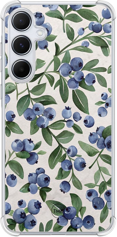 Shockproof hoesje geschikt voor Samsung Galaxy A55 - Blueberries - Schokbestendig - Verhoogde randen - TPU case - Extra Sterke Back Cover - Print - Transparant, Blauw