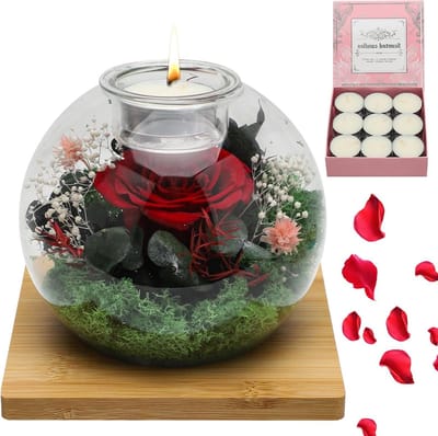 Eeuwige Roos Cadeau - Gepreserveerde Bloem - Decoratie Huis - Glazen Koepel - 15x15x17 cm - Rood Groen