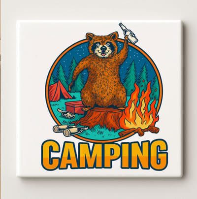 Camping Beer Tegel – Grappige 15x15 cm Keramische Muurdecoratie | Outdoor Avontuur Ontwerp Cadeau voor Kampeerders & Natuurliefhebbers