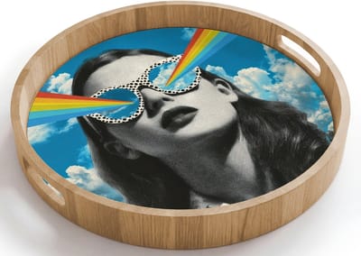Dienblad rond 40x40 cm - Schootdienblad hout - Vrouw - Bril - Regenboog - Wolken - Borrelplank rechthoek - Plateau houten dienbladen