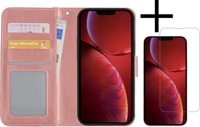 Hoesje - Met Screenprotector - Geschikt voor Apple iPhone 14 - Luxe Pasjeshouder - Bookcase Portemonee - Flip Case - Kunstleer Book Case - Flipcase - Book Cover - Walletcase - Portemonneehoes - Rosé goud