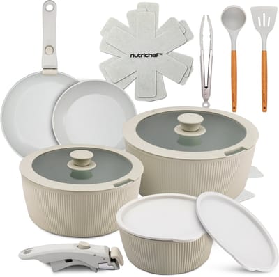 NutriChef 18-delige Pannenset Inductie - Anti-aanbak Pannen en Potten Keramische Kookgerei Set met Afneembare Handgrepen - PTFE- Oven- en Fornuisbestendig - Inclusief Keukengerei, Groen