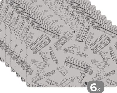Placemat - Placemats kunststof - Patronen - Auto - Vrachtwagen - 45x30 cm - 6 stuks - Hittebestendig - Anti-Slip - Onderlegger - Afneembaar