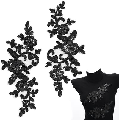Cosensi- Appliques 4 Stuks - Borduurwerk Pailletten - Zwarte Bladbloemen - Decoratieve Bloemen - Polyester - 24x10x0,15 cm - Patches