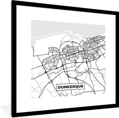 Fotolijst incl. Poster Zwart Wit- Stadskaart - Plattegrond - Dunkerque - Kaart - Frankrijk - Zwart wit - 40x40 cm - Posterlijst