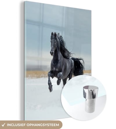 MuchoWow® Glasschilderij 120x160 cm - Schilderij acrylglas - Paard - Zwart - Sneeuw - Foto op glas - Schilderijen