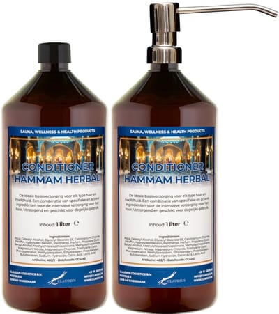 Hairconditioner Hammam Herbal 1 liter met luxe RVS zilverkleurige pomp - set van 2 stuks