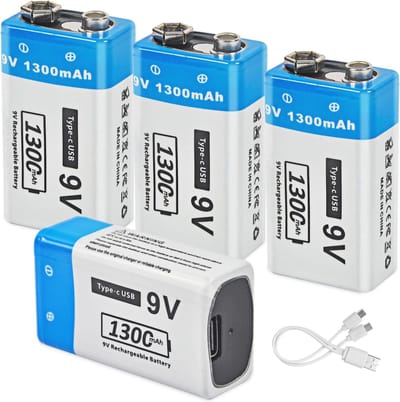 Oplaadbare 9V Batterijen - 1300 mAh Li-Ion met USB-C Poort - Snel Opladen voor Rookmelders (4 Stuks)