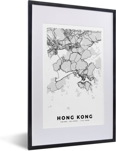 Fotolijst incl. Poster Zwart Wit- Hong Kong - Stadskaart - Zwart Wit - Plattegrond - Kaart - 40x60 cm - Posterlijst