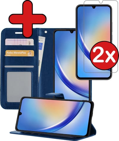 Hoesje - Met 2x Screenprotector - Geschikt voor Samsung Galaxy A34 - Luxe Pasjeshouder - Flip Case - Bookcase Portemonee - Kunstleer Book Case - Flipcase Hoes - Book Cover - Walletcase - Portemonneehoes - Telefoonhoes - Donkerblauw