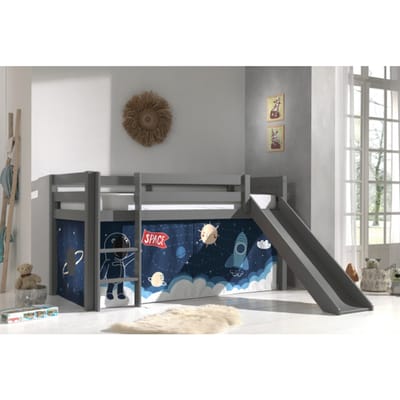 LUCEVI - Pino Halfhoogslaper H115CM + Ladder + Glijbaan + Space Shuttle Gordijntjes - Grijs - 90x200 cm