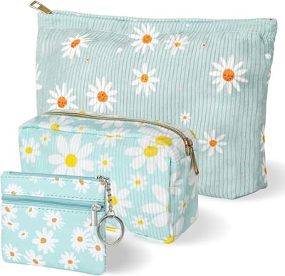 Cosmetica Tas voor Vrouwen, 2 Make-up Tassen met Sleutelcompartiment, Groene Corduroy Make-up Tas met Rits en Bloemenpatroon voor Dames en Meisjes