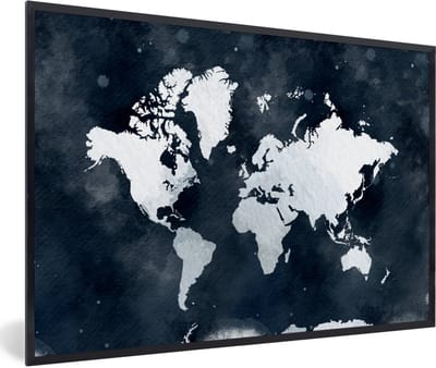 Poster in lijst - Fotolijst 120x80 cm - Posters - Wereldkaart - Blauw - Waterverf - Posterlijst zwart - Decoratie - Wanddecoratie woonkamer - Muurdecoratie slaapkamer