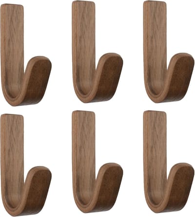6 stuks walnoot zelfklevende wandhaken, J-type zelfklevende haak, natuurlijke houten sleutelhouders, wandmontage, zwaar uitgevoerde kapstok voor badkamer slaapkamer entree