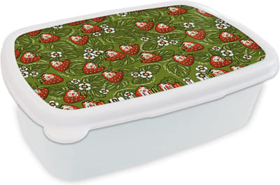 Broodtrommel Wit - Lunchbox - Brooddoos - Bloemen - Aardbei - Bladeren - Vegan - Patronen - 18x12x6 cm - Volwassenen