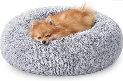Hoppa! hondenbed, donut kattenbed, pluizig, kalmerend huisdierbed met afneembare, wasbare hoes, zacht lang pluche, 60 cm, grijs