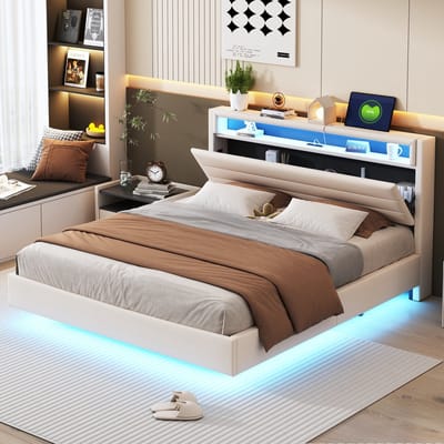 Sweiko Tweepersoonsbed - 160x200 cm - USB-poort - LED-verlichting - Linnen - Zwevend bed - Beige