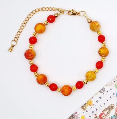 Jeannette-Creatief® - Holland - Natuursteen Sunshine Oranje & Jade Candy Rood - Natuursteen Armband - Dames Armband - Armband - Oranje Armband - Gouden DQ metaal kralen - Armband met Natuursteen - Natuursteen Rood - Koningsdag