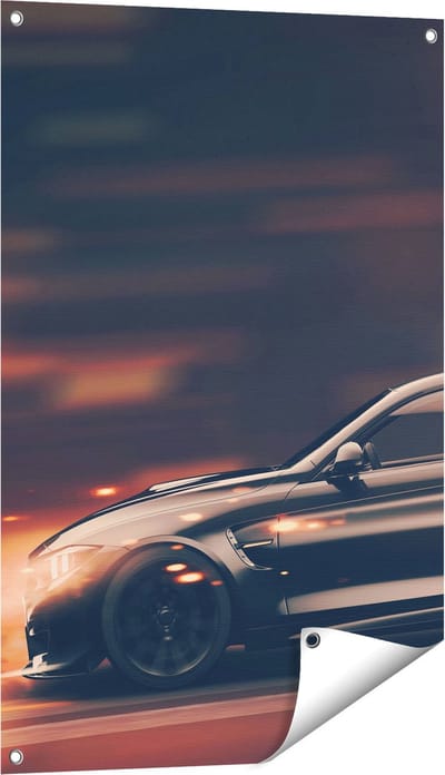 Gards Tuinposter Zwarte Sportwagen Auto met Vlammen - 60x90 cm - Tuindoek - Tuindecoratie - Wanddecoratie buiten - Tuinschilderij
