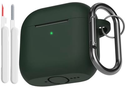 Zachte siliconen beschermhoes voor AirPods 4e generatie met reinigingsset en karabijnhaak - Donkergroen