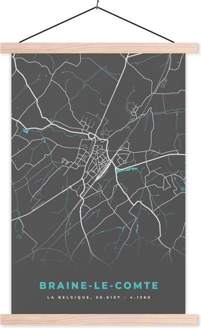 Posterhanger incl. Poster 40x60 cm - Schoolplaat - België – Braine le Comte – Stadskaart – Kaart – Blauw – Plattegrond - Textielposter - Blanke latten - Stadskaart