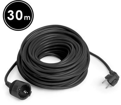 Verlengsnoer - 30 m - Zwart - Schuko CEE 7/4 Stopcontact - Stekker CEE 7/7 - H05VV-F 3×1,5 mm² - 10/16 A - 250 V AC - IP20 - PVC Mantel - Geschikt voor Huis, Kantoor & Tuin [20507BK]