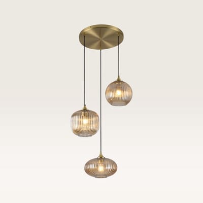 Lusenz - Hanglamp eettafel - 3 lichts amber glas - Design hanglamp - E27 Fitting - Dimbaar - Voor Eetkamer, gang, woonkamer, slaapkamer - Hoogte verstelbaar - Modern - Gouden hanglamp