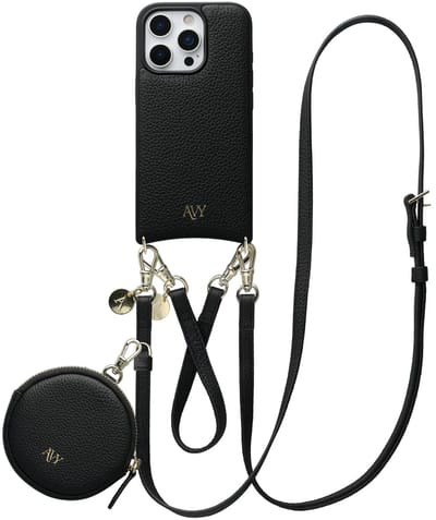 AVY Leren Hoesje geschikt voor Apple iPhone 16 Pro | Met Koord en Mini Telefoontasje | Compatibel met MagSafe | Leather Case met 30CM & 130CM Koord & Pouch | Leather Set | Zwart